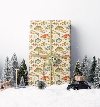 Fishing Wrapping Paper Outdoor Hobby Gift Wrap with Vintage Fish and Rods Print for Nature and Lake Lovers