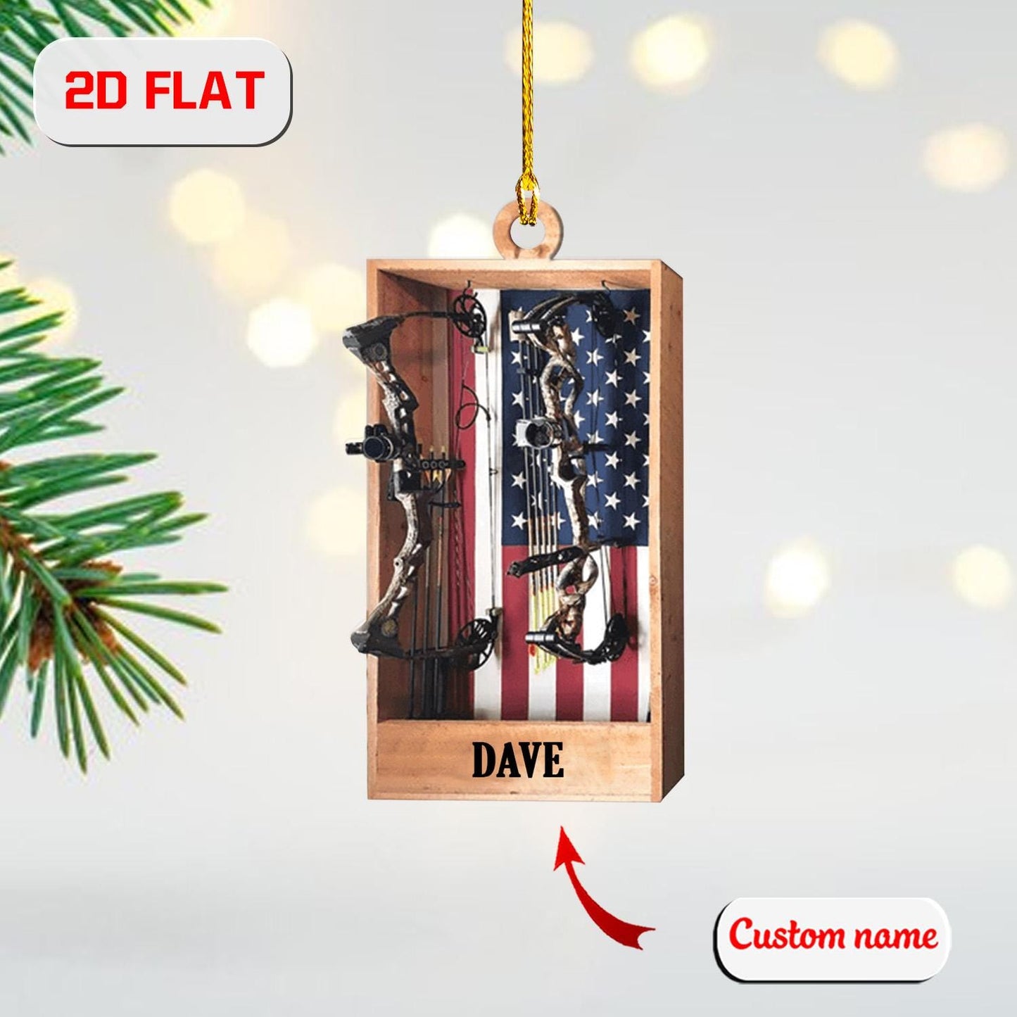 2D Acrylic Christmas Ornament, Bow Hunting Archery Holiday Decor with USA Flag, Hunter Ornament for Men, Outdoor Xmas Gift, Christmas Gift