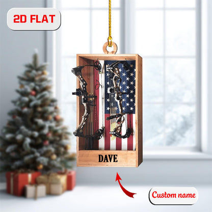 2D Acrylic Christmas Ornament, Bow Hunting Archery Holiday Decor with USA Flag, Hunter Ornament for Men, Outdoor Xmas Gift, Christmas Gift