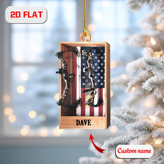 2D Acrylic Christmas Ornament, Bow Hunting Archery Holiday Decor with USA Flag, Hunter Ornament for Men, Outdoor Xmas Gift, Christmas Gift