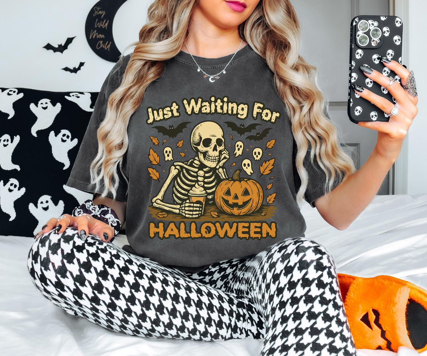 Just Waiting for Halloween Shirt, Skeleton Pumpkin Sweatshirt, Halloween Skull T-Shirt, Ghost Skeleton Tee, Spooky Season Gift Hoodie