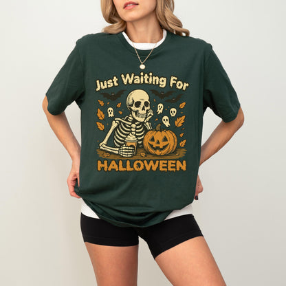 Just Waiting for Halloween Shirt, Skeleton Pumpkin Sweatshirt, Halloween Skull T-Shirt, Ghost Skeleton Tee, Spooky Season Gift Hoodie