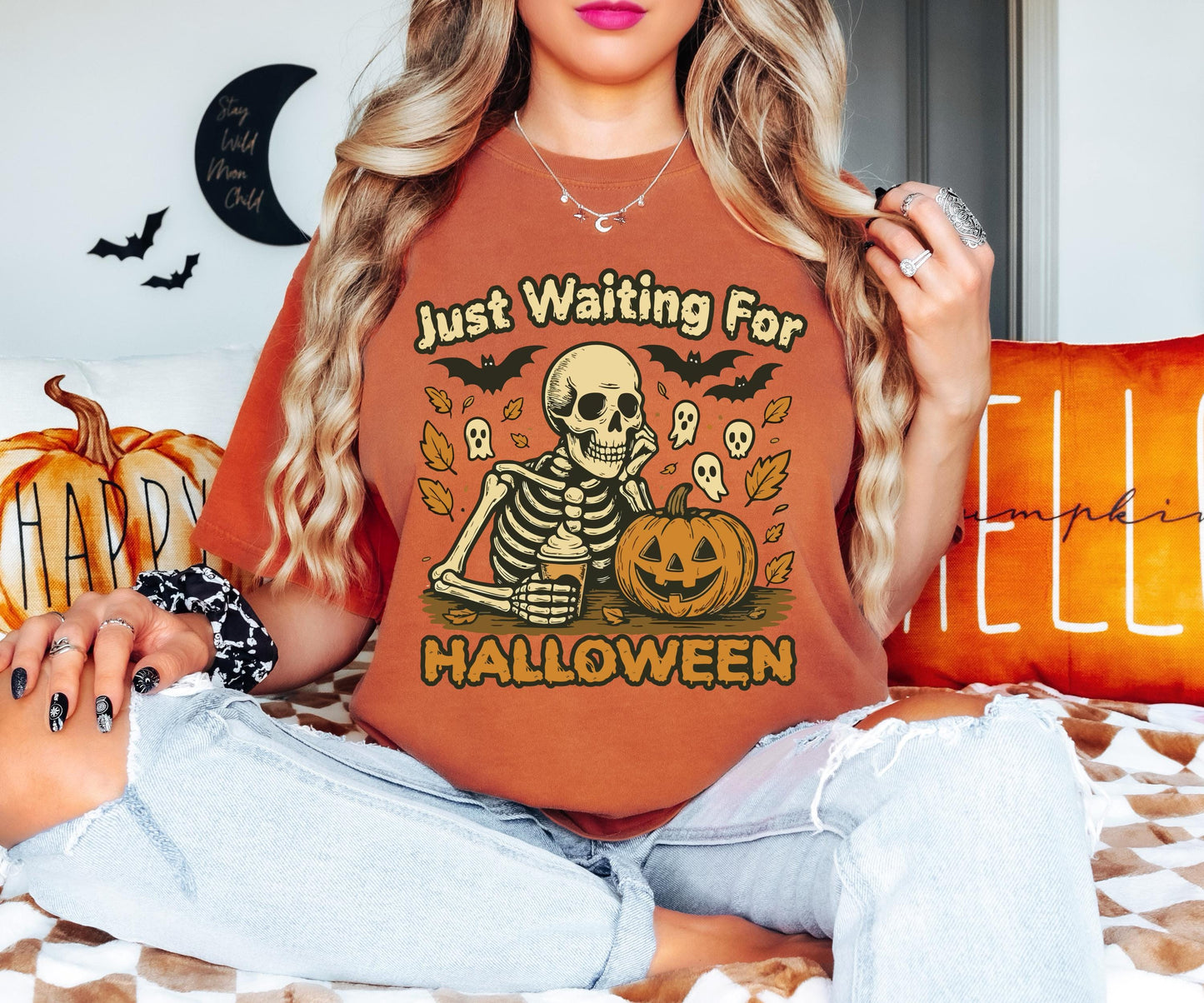 Just Waiting for Halloween Shirt, Skeleton Pumpkin Sweatshirt, Halloween Skull T-Shirt, Ghost Skeleton Tee, Spooky Season Gift Hoodie