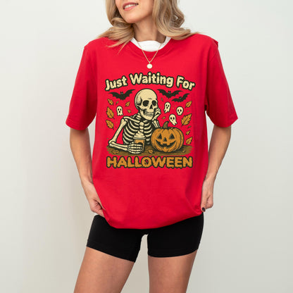 Just Waiting for Halloween Shirt, Skeleton Pumpkin Sweatshirt, Halloween Skull T-Shirt, Ghost Skeleton Tee, Spooky Season Gift Hoodie