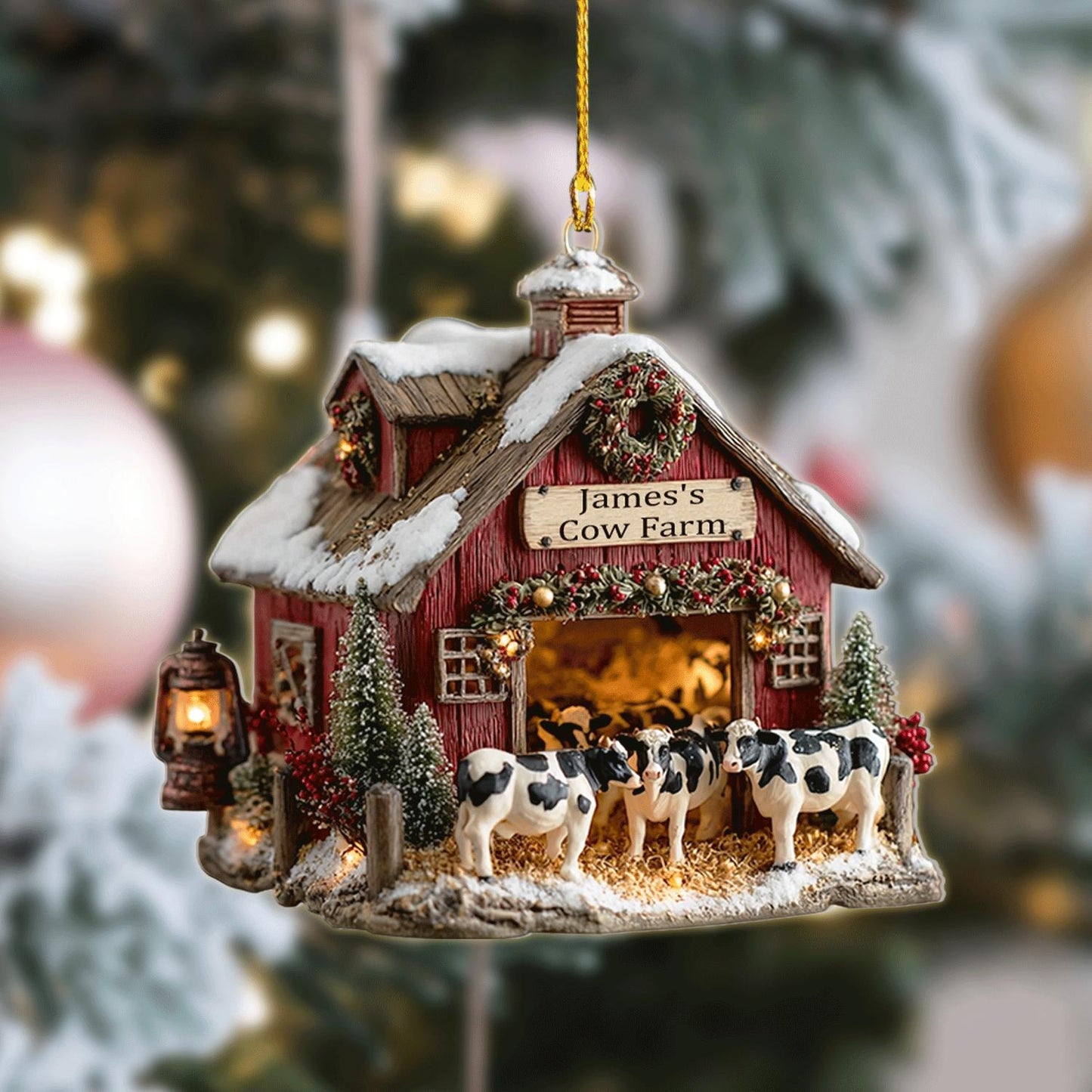 Personalized Cow Farm Christmas Ornament, Custom Name Rustic Barn Holiday Decor Gift for Farmers and Country Living Lovers, 2D Flat ornament