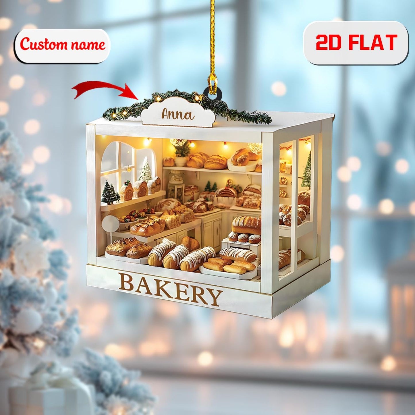 2D Acrylic Christmas Ornament, Bakery Display Shop Holiday Decor with Bread and Pastries, Personalized Baker Ornament, Christmas Gift