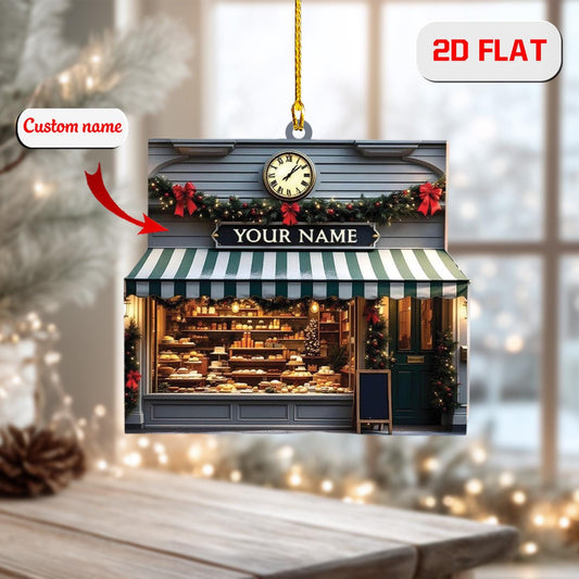 2D Acrylic Christmas Ornament, Bakery Storefront Holiday Decor with Bread and Pastries, Personalized Baker Ornament, Christmas Gift