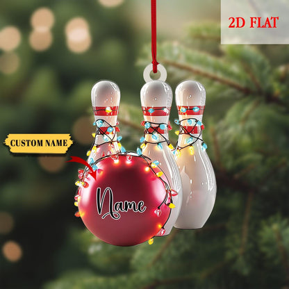 Personalized Name Bowling Ball & Pins 2D Flat Acrylic Ornament, Bowling Christmas Tree Decoration, Gift For Bowling Teams, Bowling Ornament