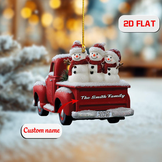 2D Acrylic Red Truck Christmas Ornament, Snowman Family Holiday Decor, Vintage Farmhouse Style Tree Decoration, Xmas Gift, Christmas Gift