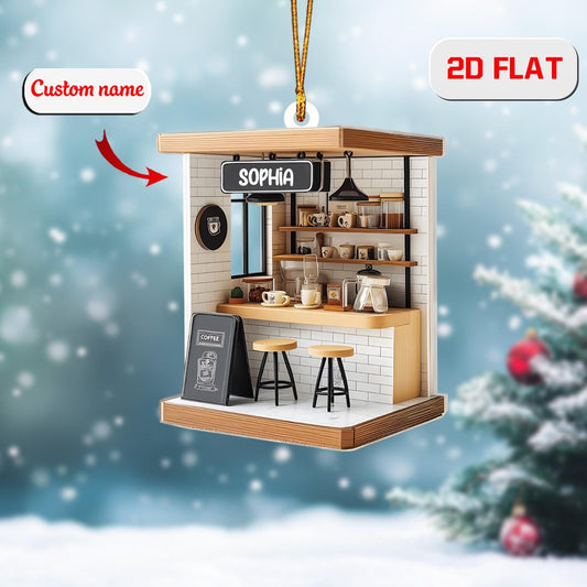 Personalized Coffee Shop Ornament Custom Name, Acrylic Christmas Decoration, Café Ornament Gift for Barista Coffee Lover Coworker Friend