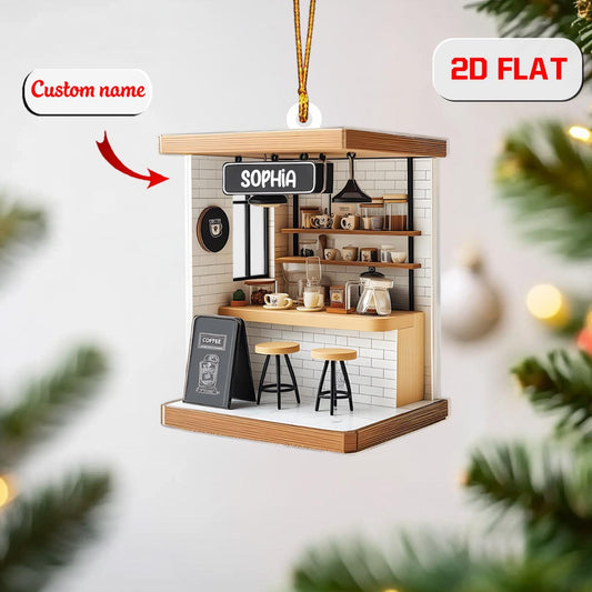 Personalized Coffee Shop Ornament Custom Name, Acrylic Christmas Decoration, Café Ornament Gift for Barista Coffee Lover Coworker Friend