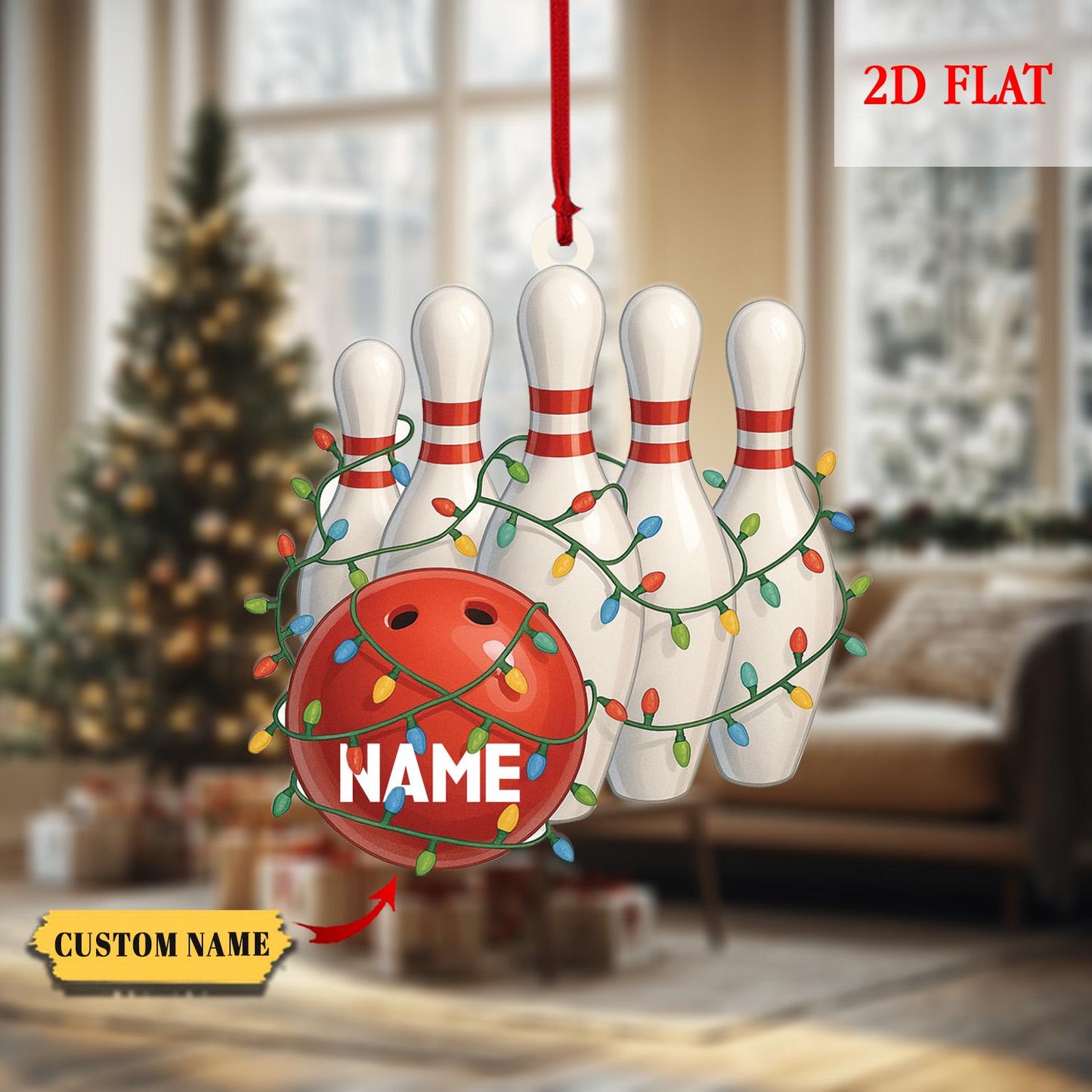 Personalized Name Bowling Ball & Pins 2D Flat Acrylic Ornament, Bowling Strike Ornament, Christmas Gift For Bowling Player, Bowling Decor