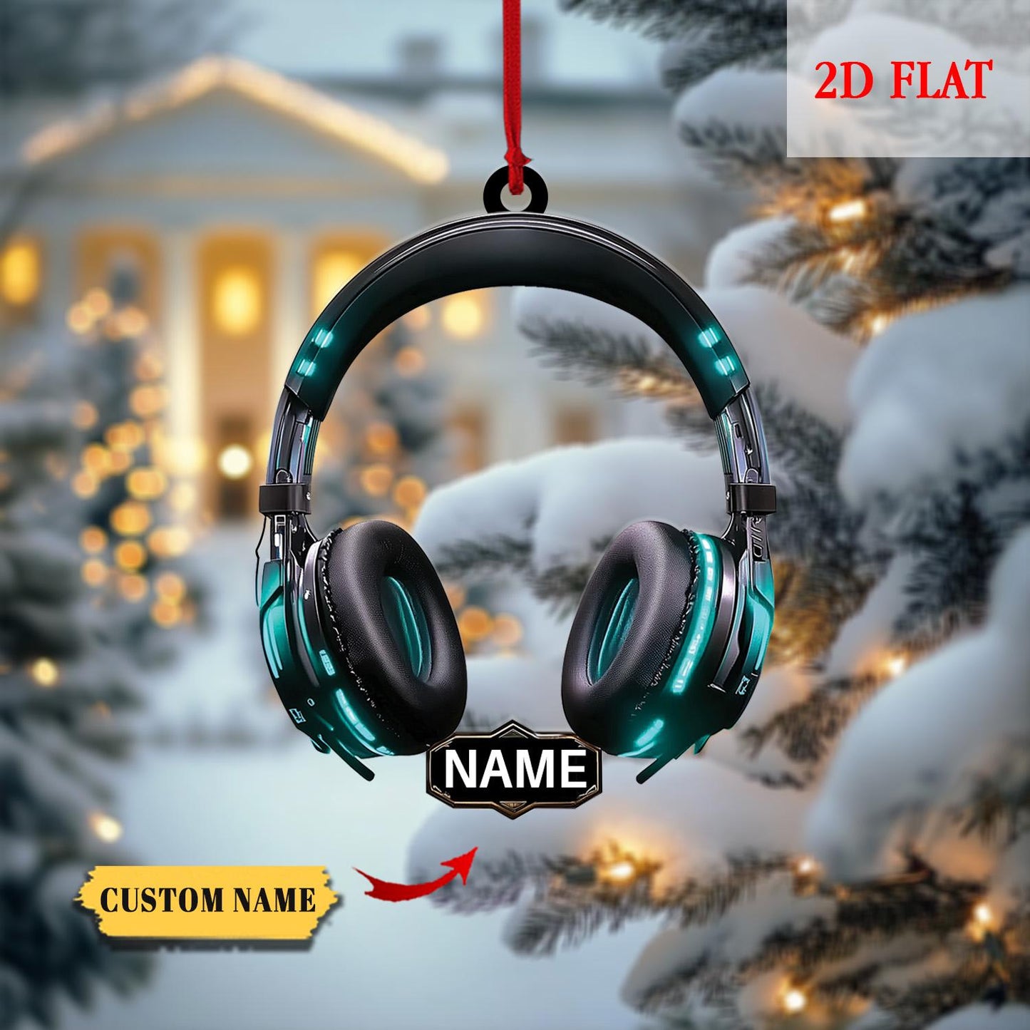 Personalized Head Phones Christmas Light Shape 2D Flat Acrylic Ornament, Gaming Head Phones Light Christmas Ornament, Gamer Ornament