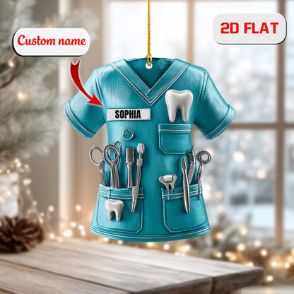 Custom Dental Scrub Ornament 2D Flat, Personalized Dentist Christmas Ornament, Dental Hygienist Acrylic Ornament Gift for Xmas Tree