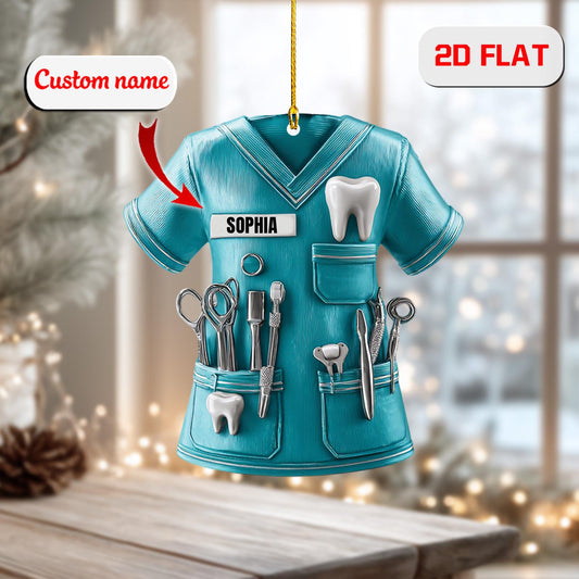 Custom Dental Scrub Ornament 2D Flat, Personalized Dentist Christmas Ornament, Dental Hygienist Acrylic Ornament Gift for Xmas Tree