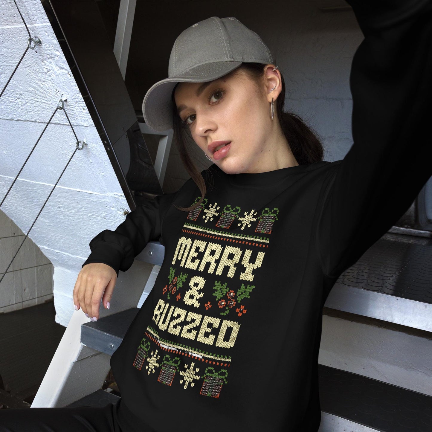 Merry and Buzzed Christmas Jumper | Funny Ugly Xmas | Unisex Holiday Sweatshirt Hoodie | Drinking Party Christmas Outfit