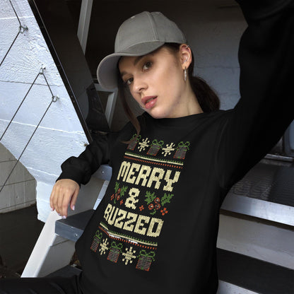 Merry and Buzzed Christmas Jumper | Funny Ugly Xmas | Unisex Holiday Sweatshirt Hoodie | Drinking Party Christmas Outfit