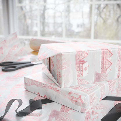 Nordic Christmas Wrapping Paper: Red Winter Houses, Snow Scene