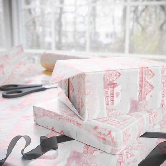 Nordic Christmas Wrapping Paper: Red Winter Houses, Snow Scene