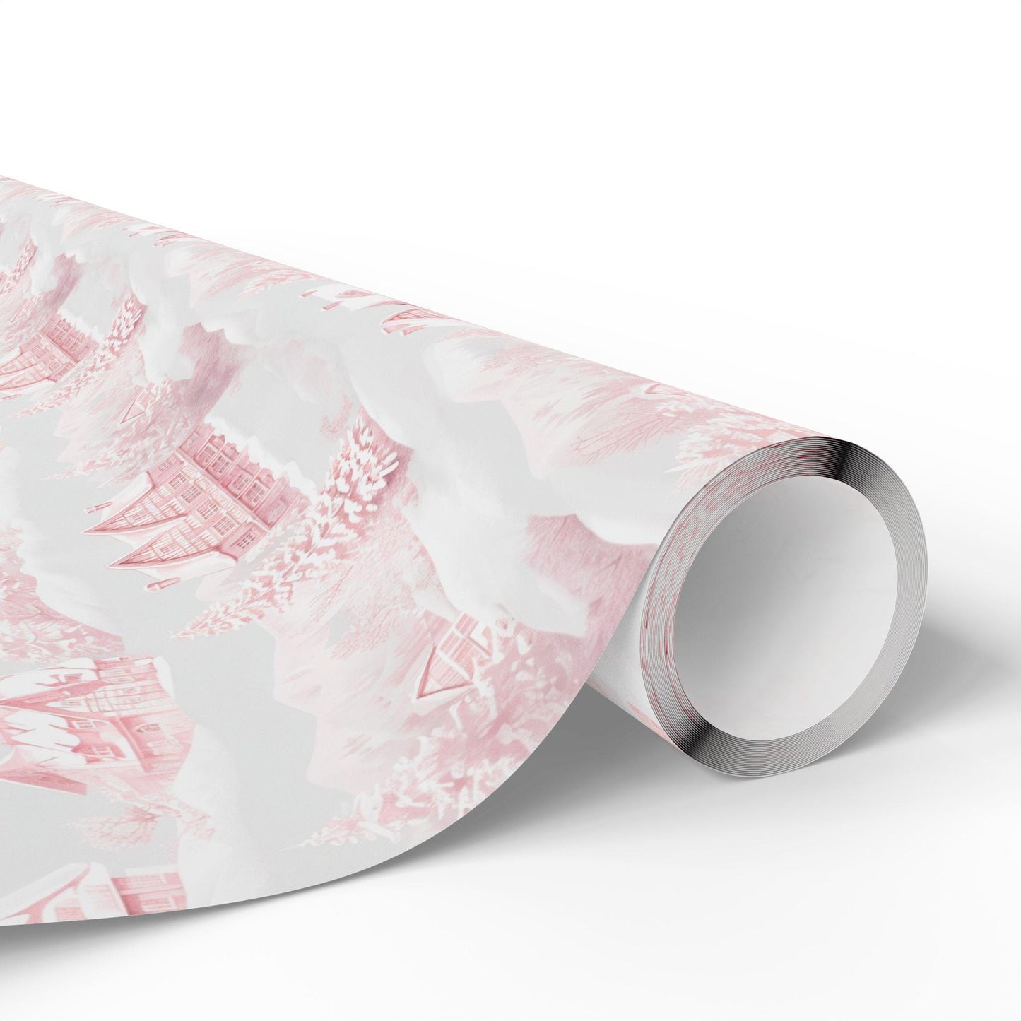 Nordic Christmas Wrapping Paper: Red Winter Houses, Snow Scene