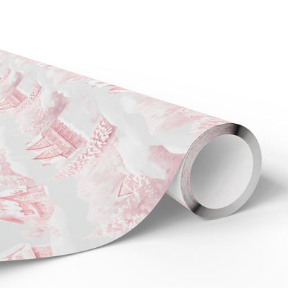 Nordic Christmas Wrapping Paper: Red Winter Houses, Snow Scene