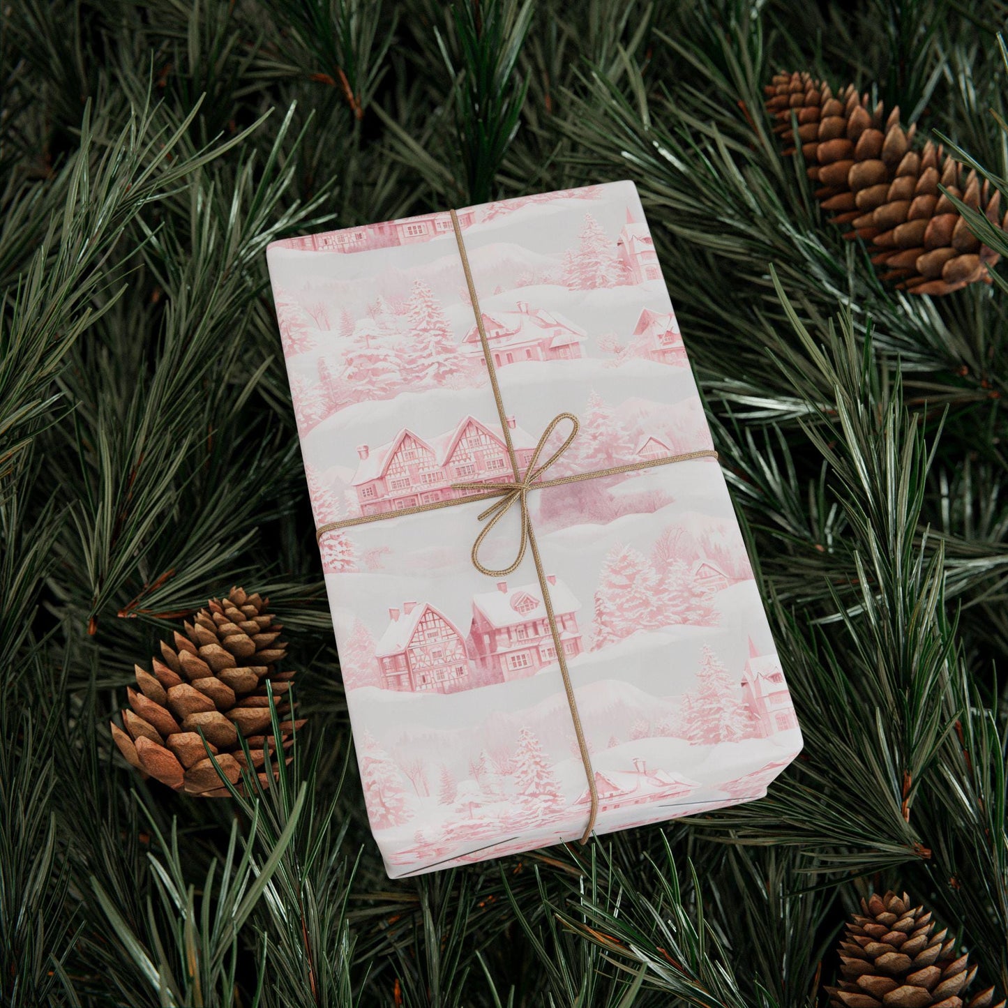 Nordic Christmas Wrapping Paper: Red Winter Houses, Snow Scene