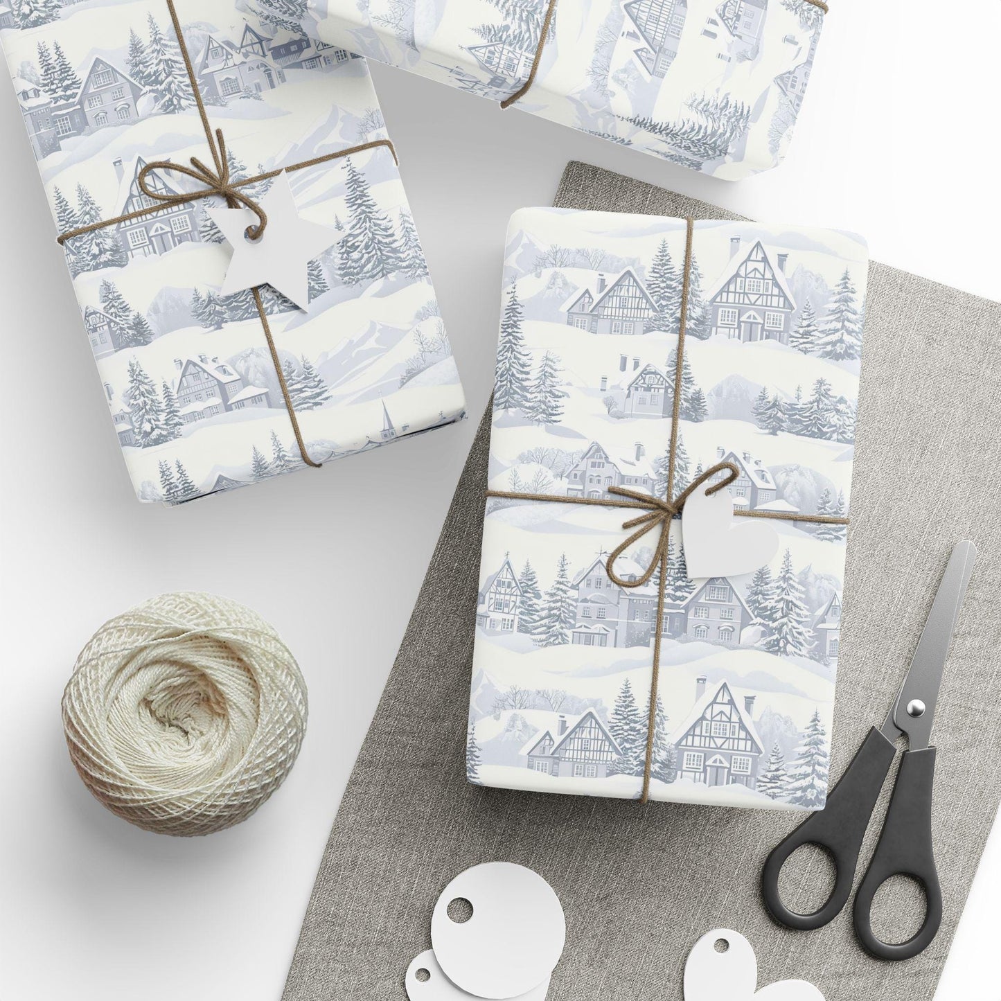 Winter Village Gift Wrap: Neutral Snowy Holiday House Wrapping Paper