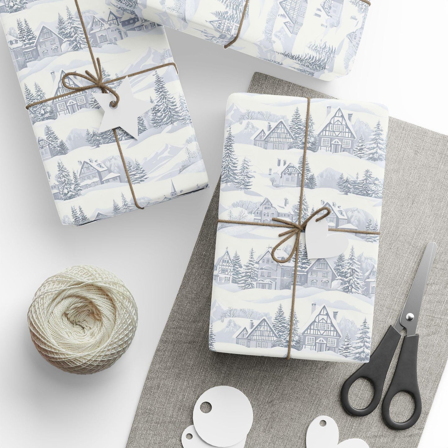 Winter Village Gift Wrap: Neutral Snowy Holiday House Wrapping Paper