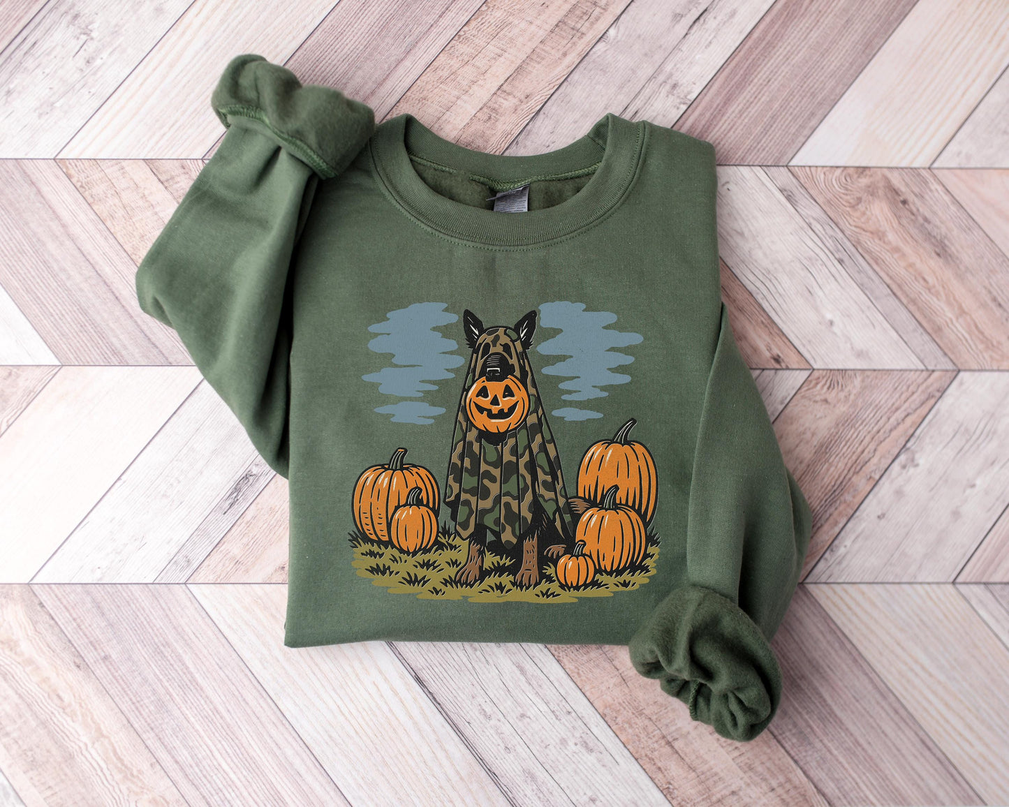 Halloween German Shepherd Sweatshirt, Camo Ghost Dog with Pumpkin Head Shirt, Funny Hunting Dog Costume Fall Shirt, Vintage Dog Shirt