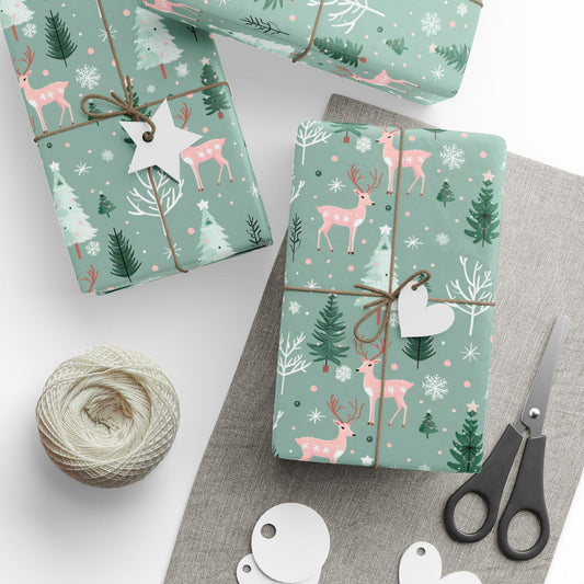 Pink & Sage Green Christmas Gift Wrap: Winter Woodlands Wrapping paper