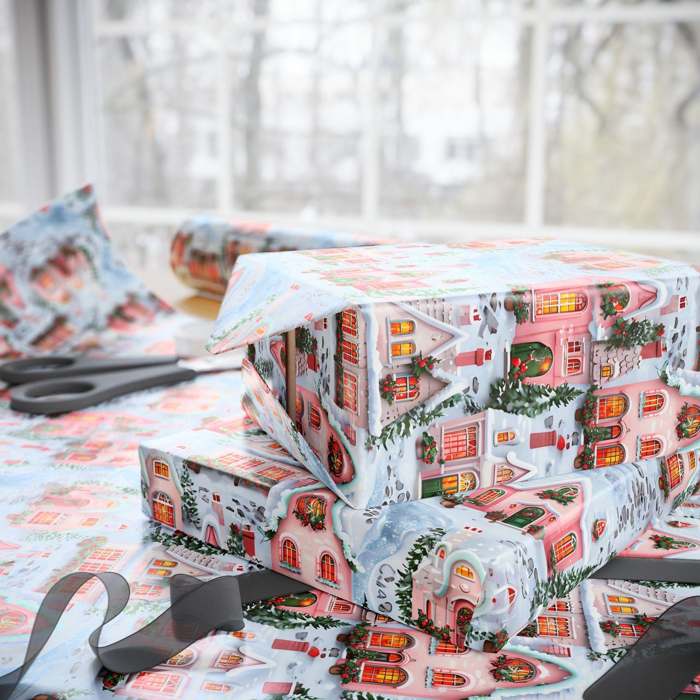 Christmas Wrapping Paper, Holiday Gift Wrap with Cozy Winter Houses, Festive Present Christmas Gifts & Seasonal Parties, Pink Winter Village
