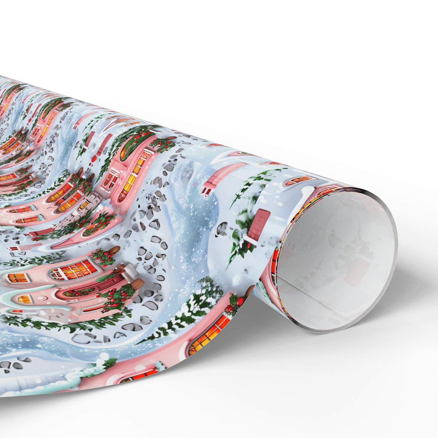 Christmas Wrapping Paper, Holiday Gift Wrap with Cozy Winter Houses, Festive Present Christmas Gifts & Seasonal Parties, Pink Winter Village