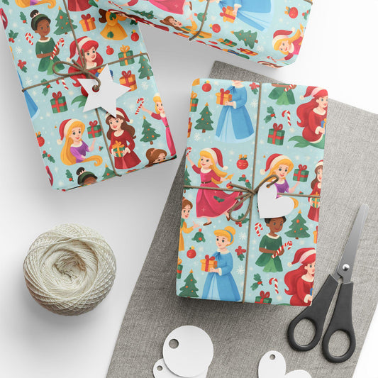Princess Christmas Wrapping Paper, Cute Holiday Gift Wrap with Diverse Princess Characters, Candy Canes & Trees, Kids Xmas Packaging