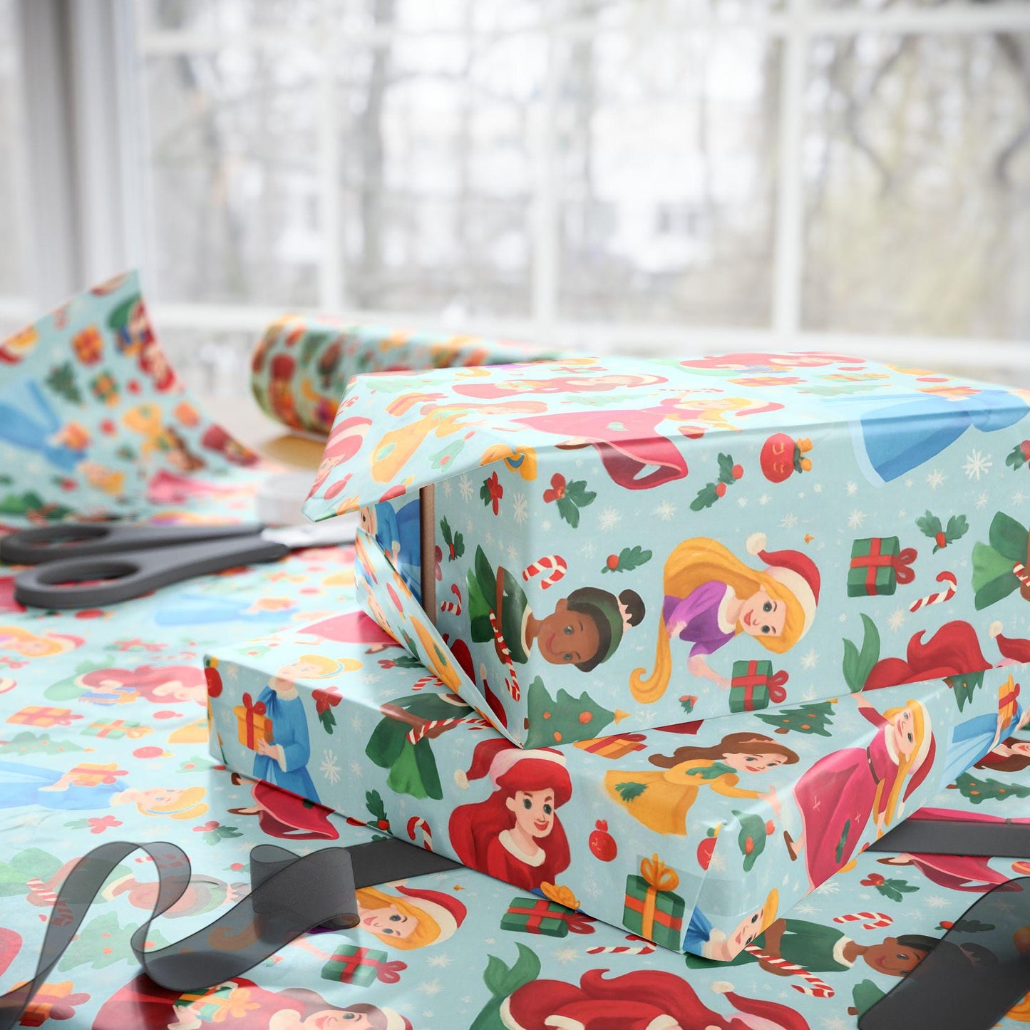 Princess Christmas Wrapping Paper, Cute Holiday Gift Wrap with Diverse Princess Characters, Candy Canes & Trees, Kids Xmas Packaging