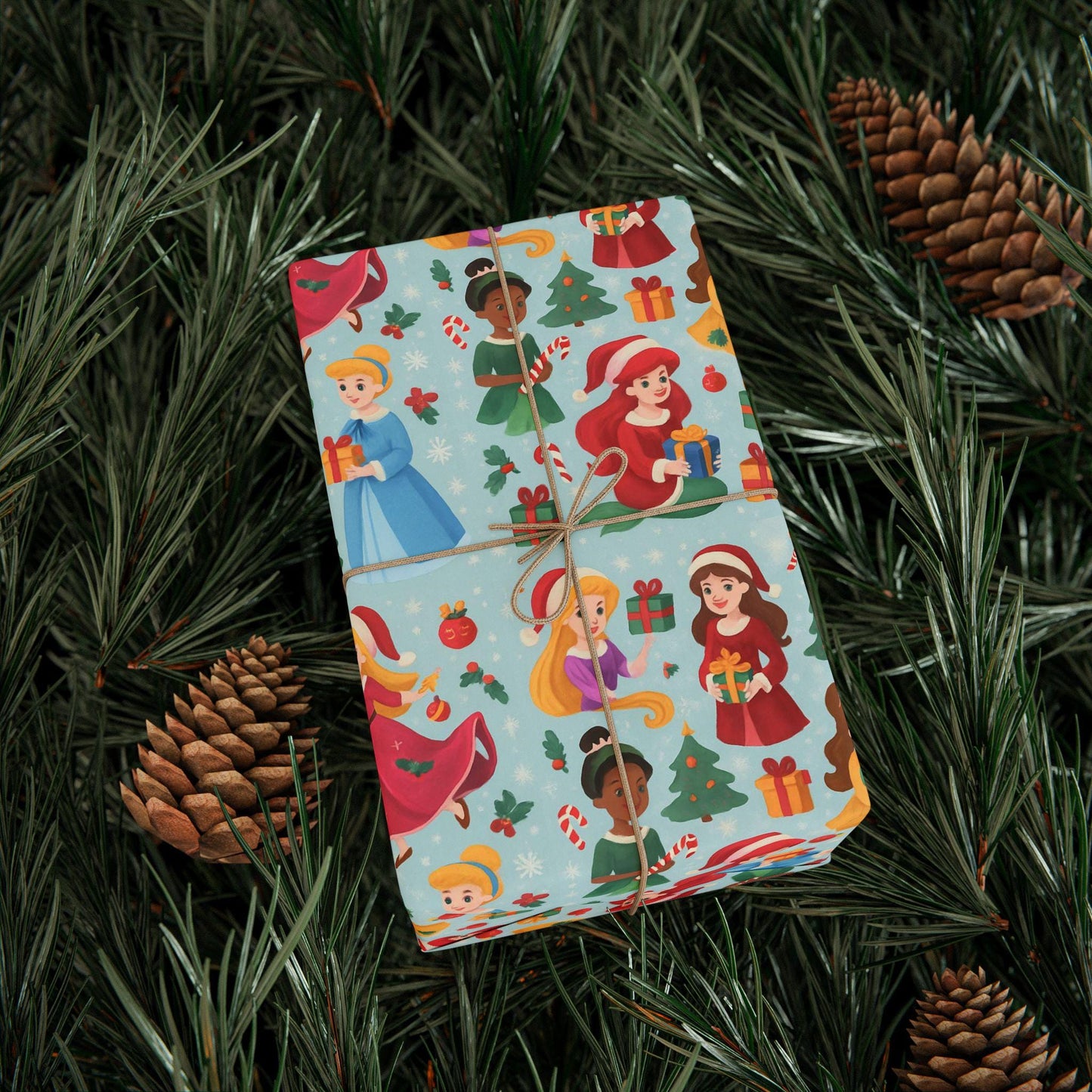 Princess Christmas Wrapping Paper, Cute Holiday Gift Wrap with Diverse Princess Characters, Candy Canes & Trees, Kids Xmas Packaging