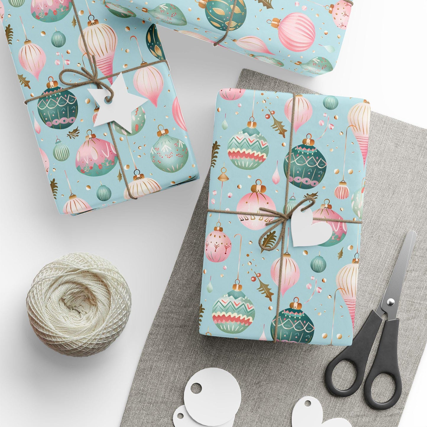 Christmas Wrapping Papers, Holiday Gift Wrap, Festive Vintage Ornaments, Pink & Green Xmas Design, Holiday Wrapping Paper Set