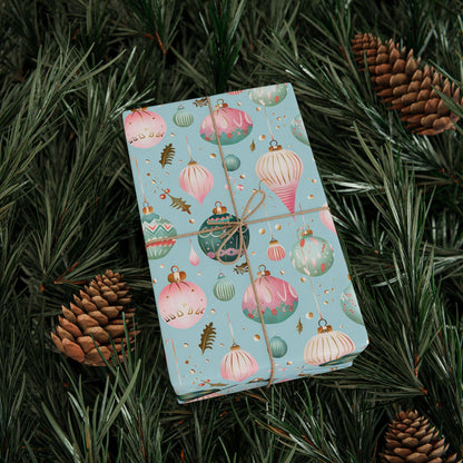 Christmas Wrapping Papers, Holiday Gift Wrap, Festive Vintage Ornaments, Pink & Green Xmas Design, Holiday Wrapping Paper Set