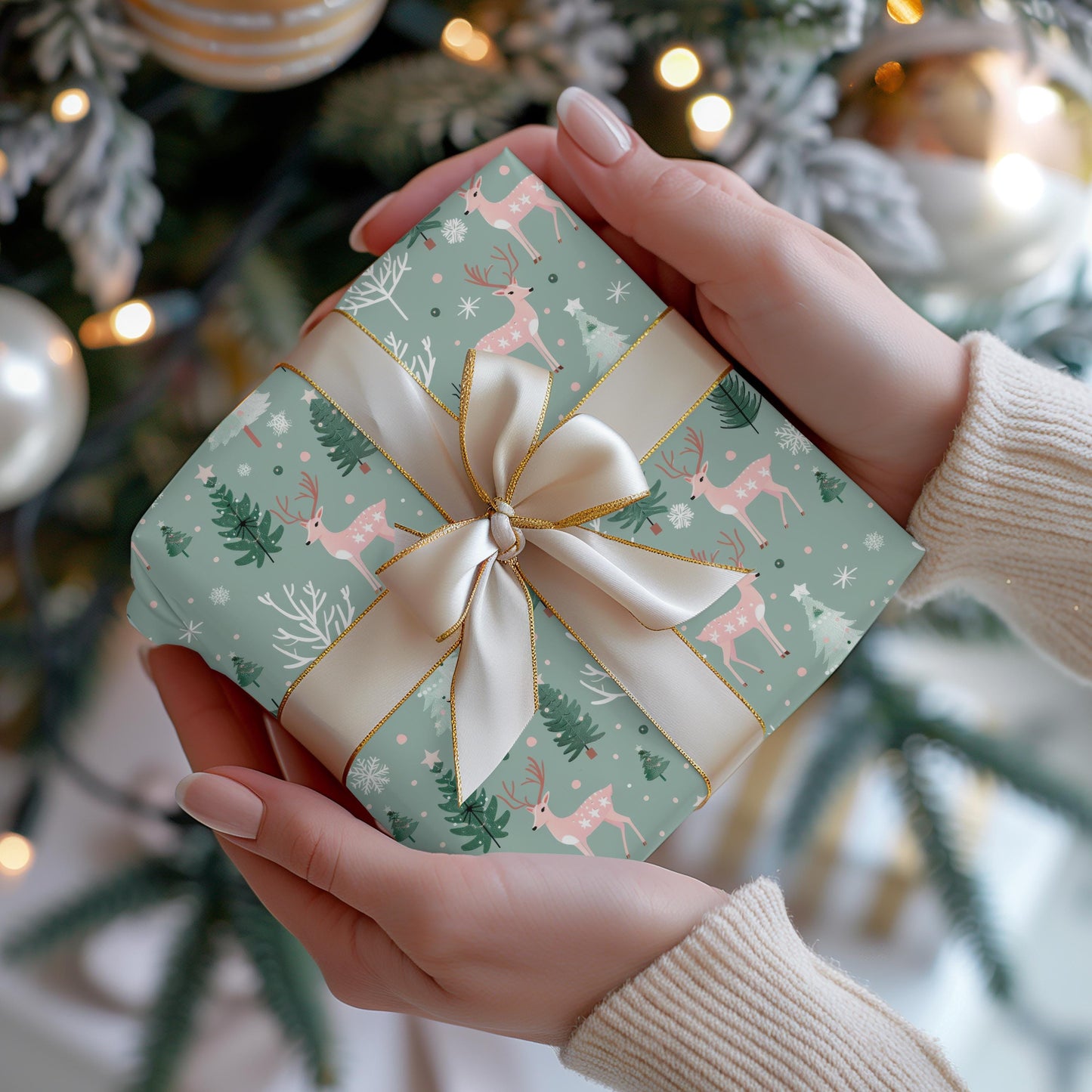 Pink & Sage Green Christmas Gift Wrap: Winter Woodlands Wrapping paper