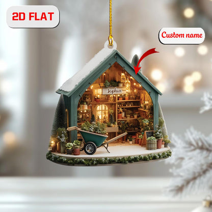 Personalized Garden Shed Christmas Ornament, Custom Name Greenhouse Ornament, 2D Flat Acrylic Decoration, Unique Xmas Gift for Garden