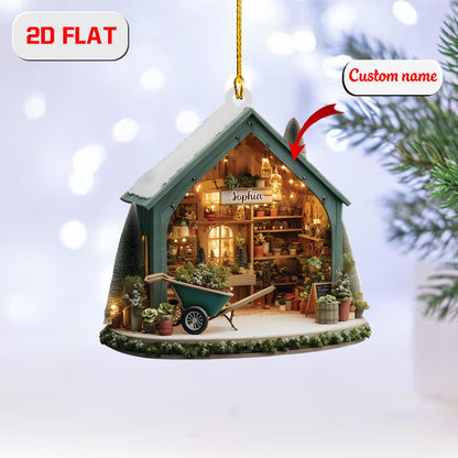 Personalized Garden Shed Christmas Ornament, Custom Name Greenhouse Ornament, 2D Flat Acrylic Decoration, Unique Xmas Gift for Garden