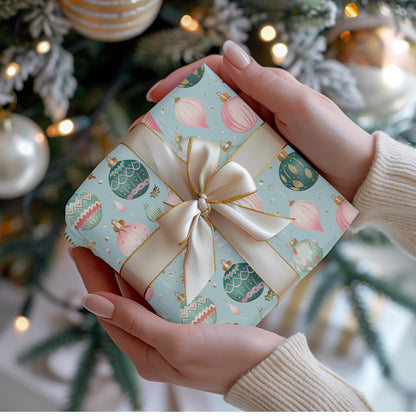 Christmas Wrapping Papers, Holiday Gift Wrap, Festive Vintage Ornaments, Pink & Green Xmas Design, Holiday Wrapping Paper Set