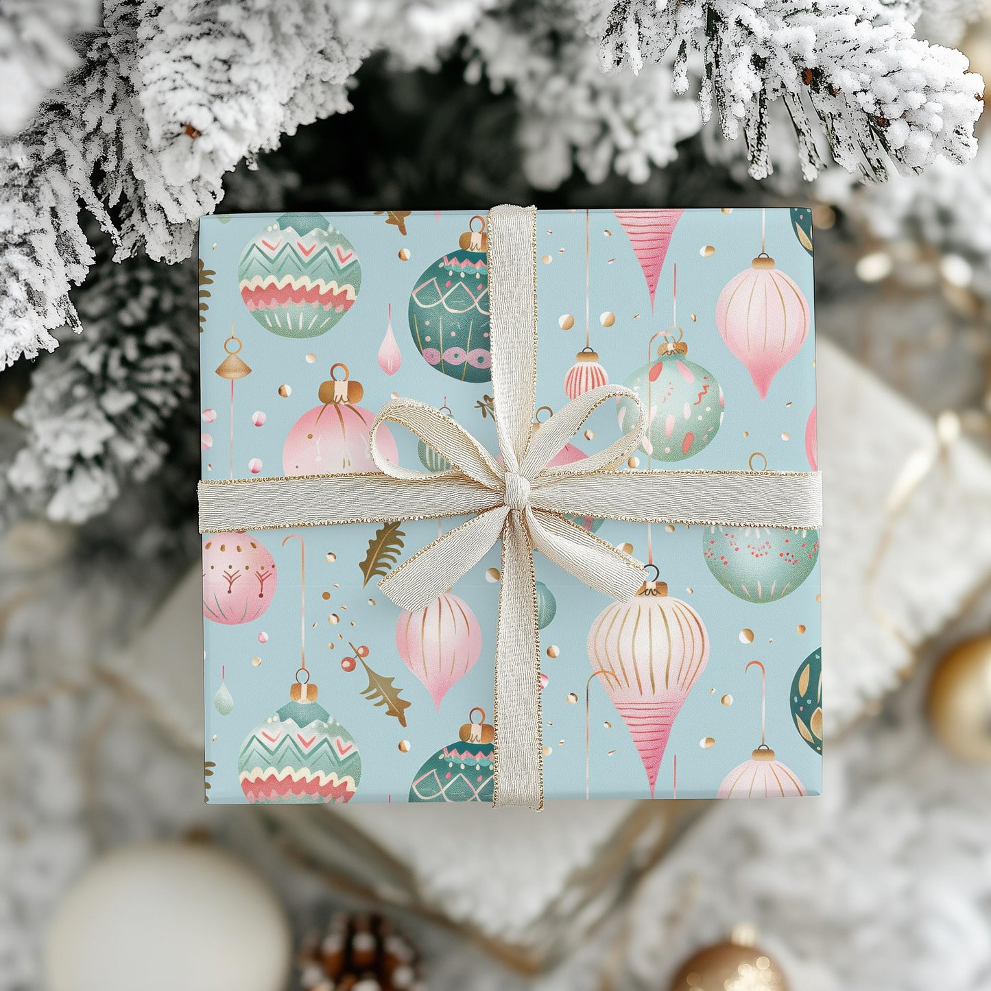 Christmas Wrapping Papers, Holiday Gift Wrap, Festive Vintage Ornaments, Pink & Green Xmas Design, Holiday Wrapping Paper Set