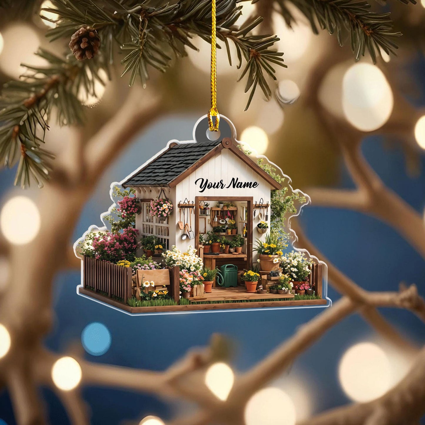 Personalized Garden House Shape Flat Ornament, Gardening Xmas Ornament, Xmas Gift for Gardener, Plant Lover Gift, Gardening Lover