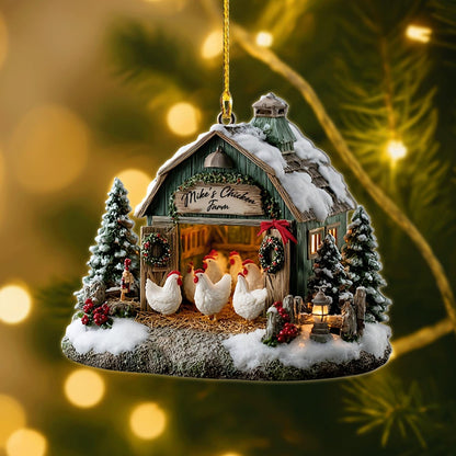 Chicken Farm Ornament – Rustic Barn Christmas Tree Decor – Personalized Gift for Farmers & Chicken Lovers, 2D flat ornament