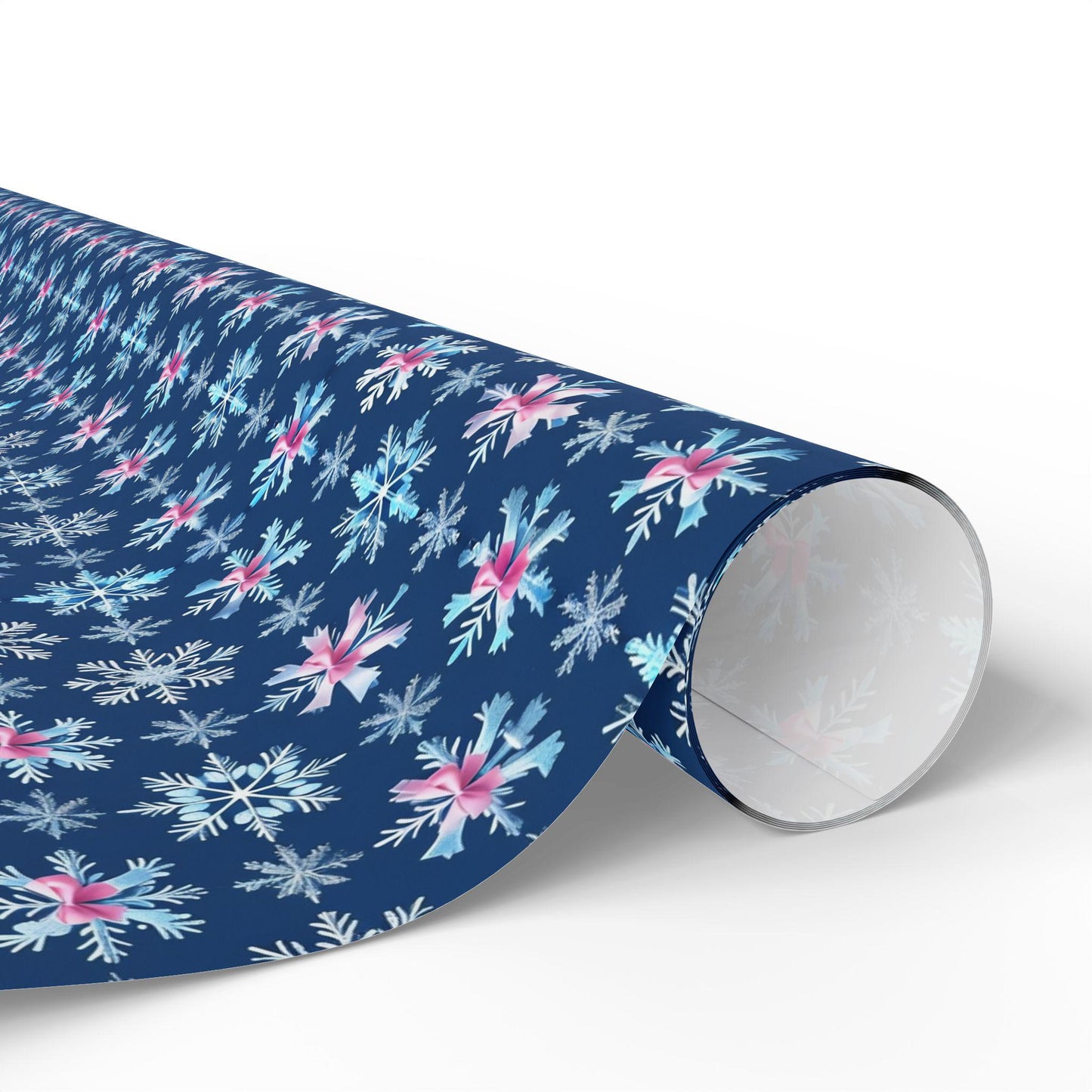 Blue Snowflake Pink Bows Wrapping Paper, Winter Holiday Gift Wrap, Christmas Present Wrap, Seasonal Party Packaging Paper Sheets