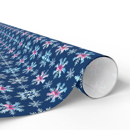 Blue Snowflake Pink Bows Wrapping Paper, Winter Holiday Gift Wrap, Christmas Present Wrap, Seasonal Party Packaging Paper Sheets