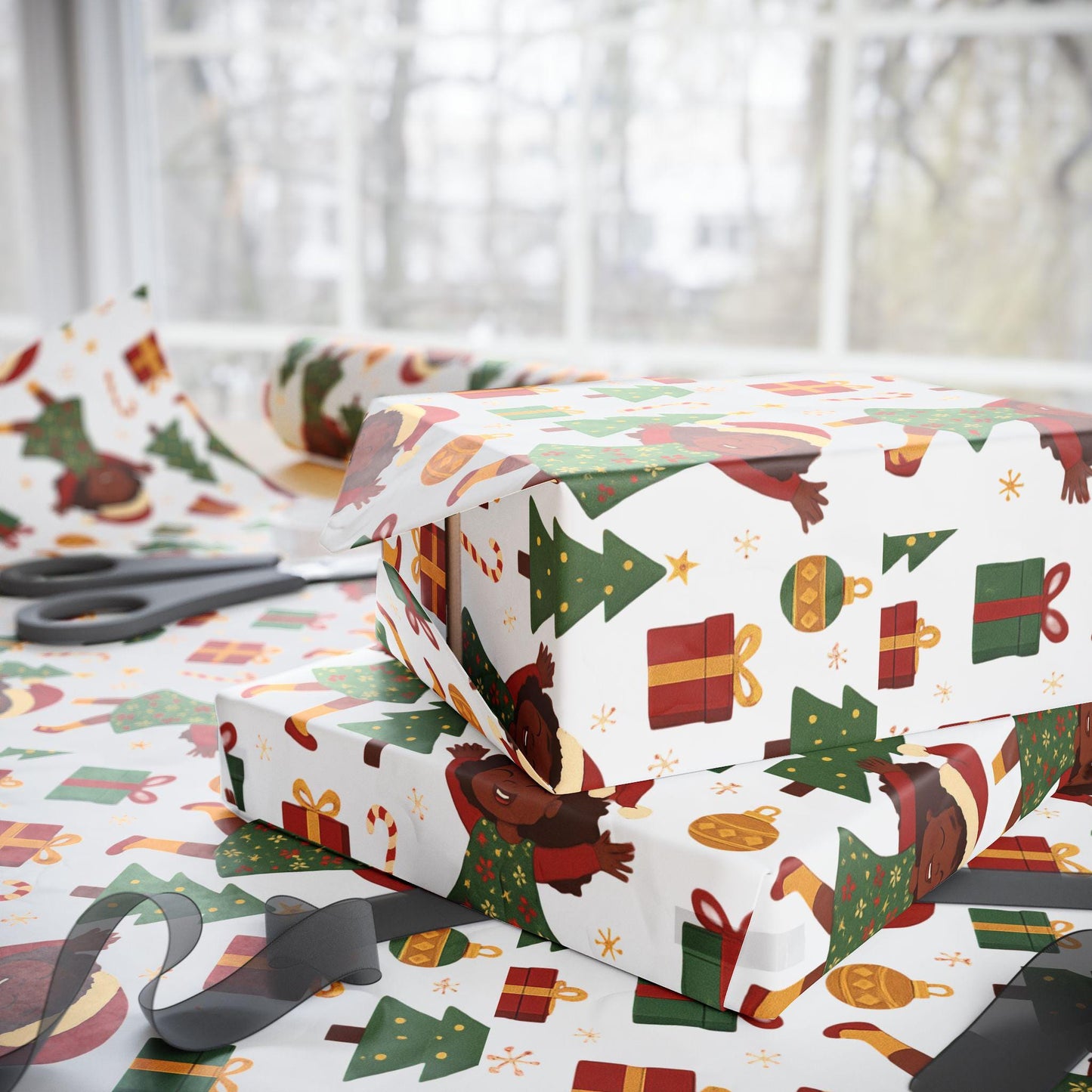 Black Christmas Wrapping Paper: Joyful Kids in Santa Hats