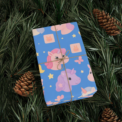 Cute Unicorn Wrapping Paper for Kids Birthday, Gift Wrap Roll, Rainbow Horse Party Supplies, Baby Shower Present Wrap, Blue Pastel