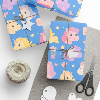 Cute Unicorn Wrapping Paper for Kids Birthday, Gift Wrap Roll, Rainbow Horse Party Supplies, Baby Shower Present Wrap, Blue Pastel