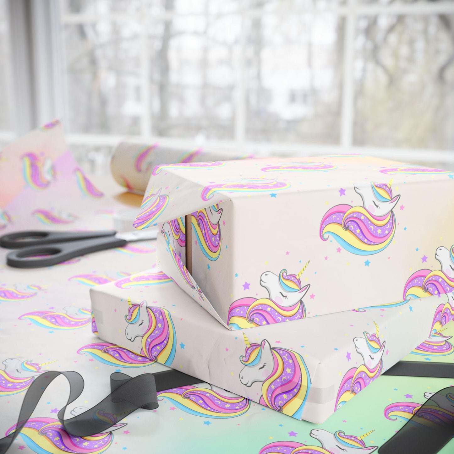 Pastel Rainbow Unicorn Wrapping Paper: Magical Birthday Gift Wrap